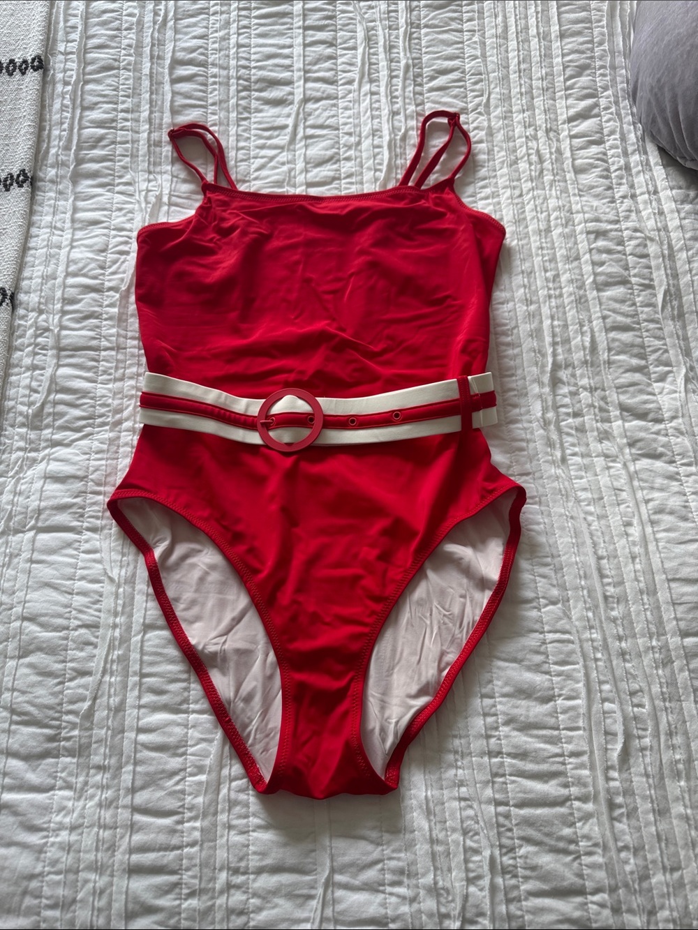 SOLID & STRIPED Red One-Piece Swimsuit with White Belt